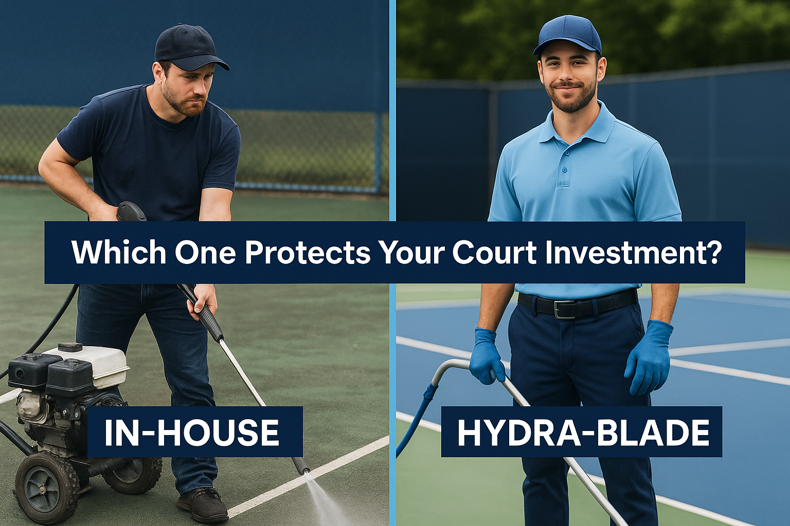 Side-by-side image showing in-house vs. Hydra-Blade court cleaning with the text: 'Which One Protects Your Court Investment?'